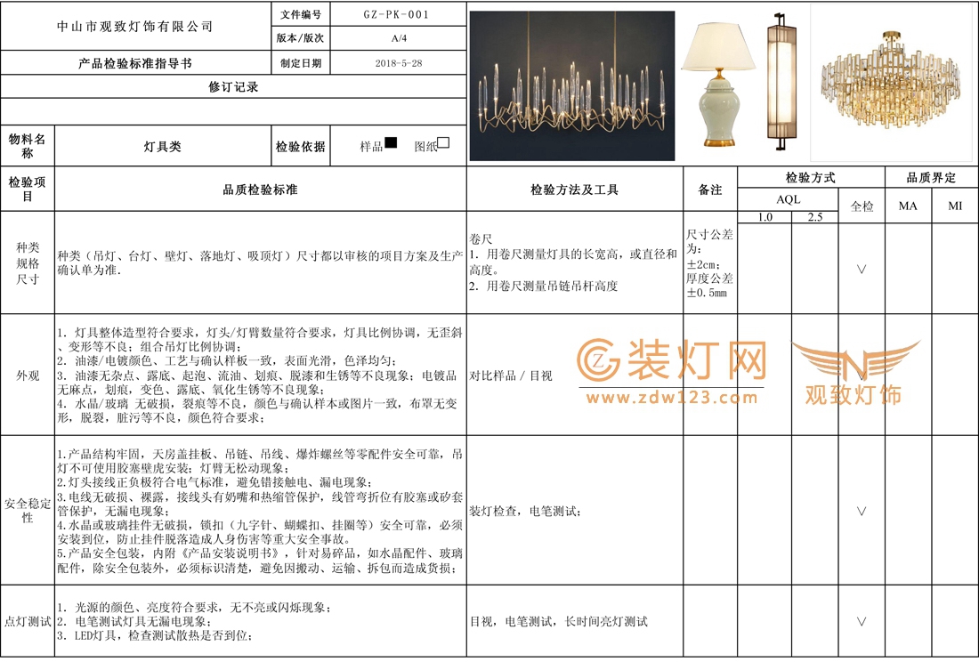 灯具产品检验标准指导书